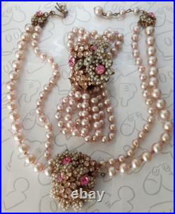 Miriam Haskell Pearl Choker Pink White Flower Necklace & Bracelet Set Signed