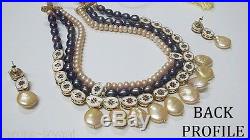 Modern Fancy Freshwater Gray Pearls 22K Gold Plated CZ Polki Kundan Necklace Set
