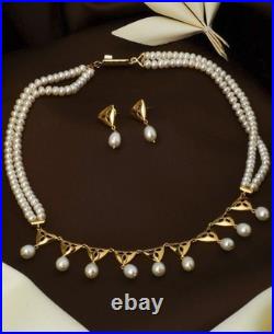 Modern Seed Pearl & Diamond 18K Yellow Gold Over Necklace & Earrings Jewelry Set