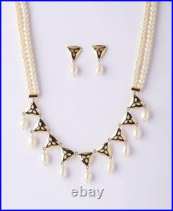 Modern Seed Pearl & Diamond 18K Yellow Gold Over Necklace & Earrings Jewelry Set