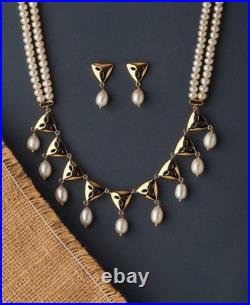 Modern Seed Pearl & Diamond 18K Yellow Gold Over Necklace & Earrings Jewelry Set