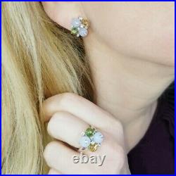 Moonstone, Tourmaline, Citrine & Diamond Ring & Earrings Set, 14k White Gold