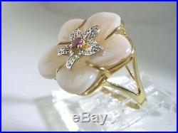 Mother Of Pearl Floral Ring With Ruby Set In 14kt Yellow Gold Comes In All Sizes