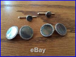 Mother of pearl 10 gold cuff links and collar stud set vintage