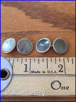 Mother of pearl 10 gold cuff links and collar stud set vintage