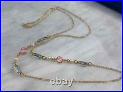 Multi-Gem and Faux Pearl Necklace -Bezel Set Long Strand Vintage 14K Yellow Over