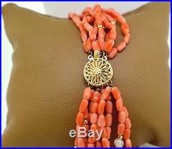 Multi Strand 14k Gold, Coral, Pearl Necklace And Bracelet Set