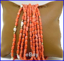 Multi Strand 14k Gold, Coral, Pearl Necklace And Bracelet Set