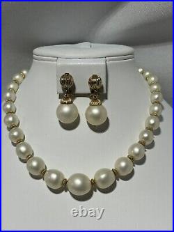 NAPIER Set Necklace Earring Moon-Glow Gold White Faux-Pearls Fluted Set