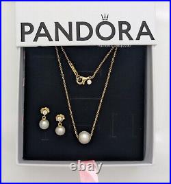 NEW 100% PANDORA Gold P Pearl Stone Necklace Earrings Jewelry Gift Set B802400