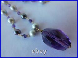 NEW 585 14k Yellow Gold Seawater Pearls Amethyst Bracelet Dangle Necklace set