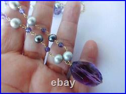 NEW 585 14k Yellow Gold Seawater Pearls Amethyst Bracelet Dangle Necklace set