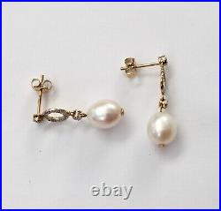 NEW Cultured Freshwater Pearl & Diamonds set in Solid 14K Yellow gold Earrings