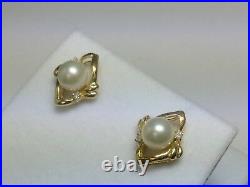 NEW Cultured Pearl & Diamonds set in Solid 14K Yellow gold earrings