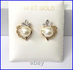 NEW Japanese Cultured Pearl & Diamonds set in Solid 14K Yellow gold Earring