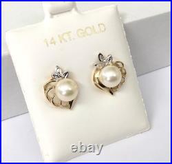 NEW Japanese Cultured Pearl & Diamonds set in Solid 14K Yellow gold Earring
