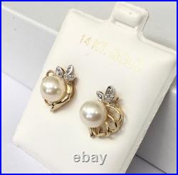 NEW Japanese Cultured Pearl & Diamonds set in Solid 14K Yellow gold Earring
