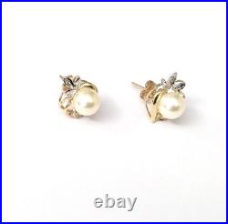 NEW Japanese Cultured Pearl & Diamonds set in Solid 14K Yellow gold Earring