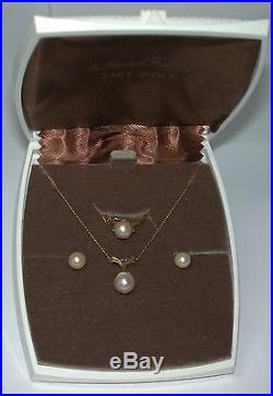 NOS Antique 14k Yellow Gold Matching Gen Pearl Earrings Ring & Pendant Set #X114
