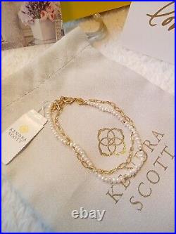 NWT&BOX Kendra Scott Beaded Camry Earrings & Bracelet Set in Gold/ White Pearl