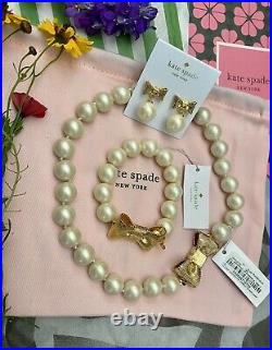 NWT Kate Spade All Wrapped Up Pearls Gold Bow Necklace, Bracelet & Earrings Set