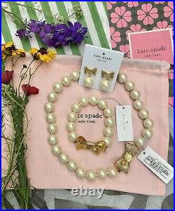 NWT Kate Spade All Wrapped Up Pearls Gold Bow Necklace, Bracelet & Earrings Set
