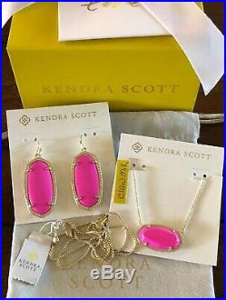 NWT Kendra Scott Set Delaney Pendant Necklace & Elle Drop Earrings Gold Magenta
