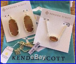 NWT Kendra Scott Set Elisa Necklace Elle Earrings Gold Brown MOP Mother of Pearl