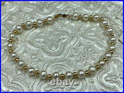 NWT SOLID 14k Gold W Genuine 5mm Cultured Pearls Necklace and 7 Bracelet Set