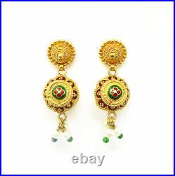 NYJEWEL 22K Yellow Gold Indian Enamel Beads Pearl Dangle Necklace Earrings Set