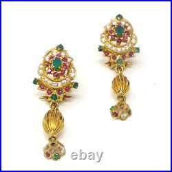 NYJEWEL 22k Gold Indian Emerald Ruby Pearl CZ Earrings Necklace Ring Wedding Set
