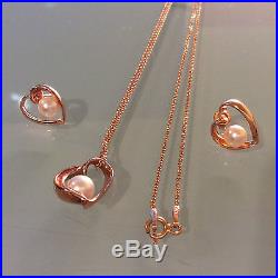 Na Hoku 14K. 585 Rose Gold Love Heart Pendant Chain Necklace Earrings Pearl Set