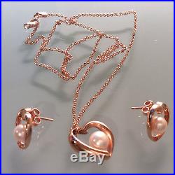 Na Hoku 14K. 585 Rose Gold Love Heart Pendant Chain Necklace Earrings Pearl Set