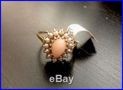 Natural Angel Skin Coral 14K Gold With Pearl setting Cocktail Ring Vintage