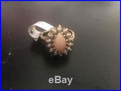 Natural Angel Skin Coral 14K Gold With Pearl setting Cocktail Ring Vintage