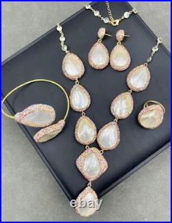 Natural Baroque White Pearl Pendant Necklace Earrings Ring Bracelet Set