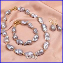 Natural Big Cultured Gray Keshi Baroque Pearl Necklace Bracelet Earrings Sets