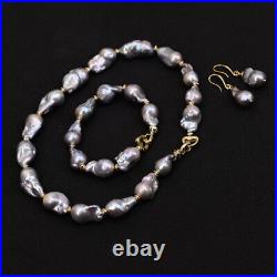 Natural Big Cultured Gray Keshi Baroque Pearl Necklace Bracelet Earrings Sets