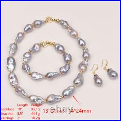 Natural Big Cultured Gray Keshi Baroque Pearl Necklace Bracelet Earrings Sets