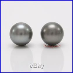 Natural Gray 10mm Round Tahitian Pearl Sets 14k Yellow Gold Stud Earrings TPJ
