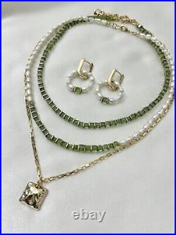 Natural Pearl Tourmaline Necklace Set of 4 with Earrings Gold White Green 18K