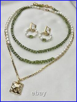 Natural Pearl Tourmaline Necklace Set of 4 with Earrings Gold White Green 18K
