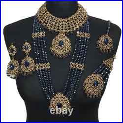 Navy Blue Pakistani Gold bridal jewellery set Indian Dulhan Wedding Mala Jhumar