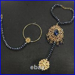 Navy Blue Pakistani Gold bridal jewellery set Indian Dulhan Wedding Mala Jhumar