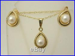Neat 9ct Yellow Gold Single Pearl Set Pendant Chain Matching Earstuds Earrings