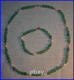 Necklace and Bracelet Set 14 Kt Gold, Freshwater Pearls, and Green Aventurine