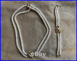 Necklace and Bracelet Set of Pearls with Gold X Center Accent Tif-any Style