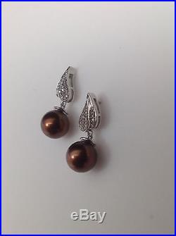 New 10K White Gold Pave Set Natural Diamond and Brown Pearl Dangle Earrings