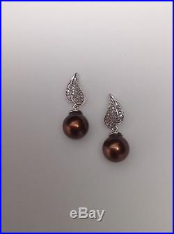New 10K White Gold Pave Set Natural Diamond and Brown Pearl Dangle Earrings