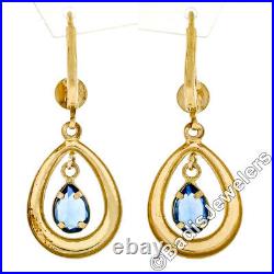 New 14K Yellow Gold Pear Cut Bezel Set Blue Topaz Open Tear Drop Dangle Earrings